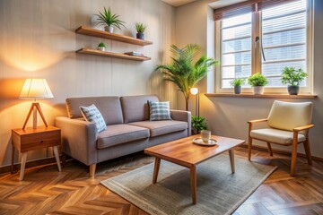 Soothing atmosphere depicts a calm counseling room with a comfortable couch, a small wooden desk, and a gentle light, conveying a sense of trust and personalized guidance.