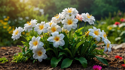 Obraz premium The image shows a field of white and pink daisies with yellow centers. There are also some orange flowers in the background