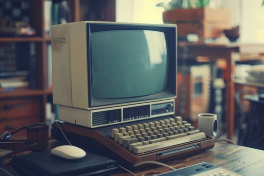 An old computer sitting on a wooden table, perfect for nostalgic scenes or retro-themed designs