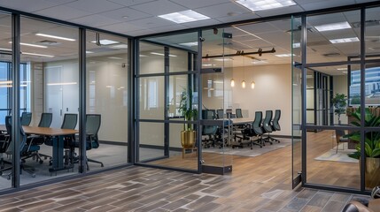 A sleek coworking space with glass-enclosed meeting rooms, ergonomic chairs, and a high-tech feel