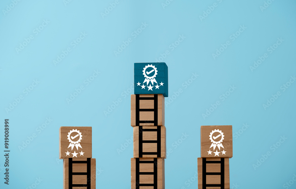 Poster the best quality assurance with golden five stars on the top of ladder for guarantee product and iso