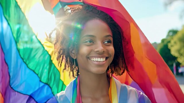 portrait of a young individual adorned in vibrant rainbow colors, symbolizing pride, identity, and unity against a bold blue background.