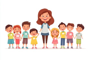 Young teacher with joyful kids isolated flat  illustration. Cartoon happy children in kindergarten or school. Pedagogy and education concept, Generative AI