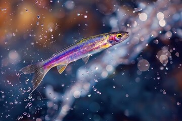 A small iridescent fish swims through water droplets.