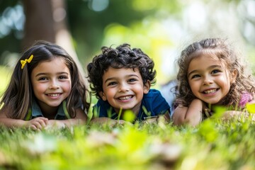 Group of kindergarten kids lying on the grass at park and relax with smiling, Generative AI