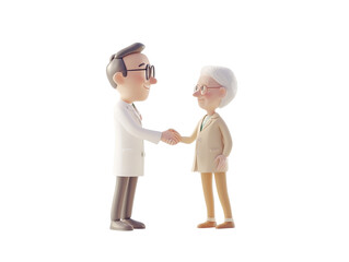 Two miniature figures of Doctor and elderly man shaking hands.