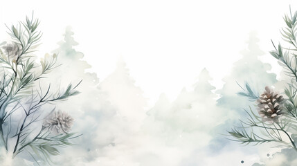 Obraz premium A tranquil winter scene showcases evergreen trees and pinecones, enveloped in mist, capturing the essence of the Christmas holiday, copy space