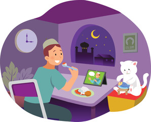 Muslim man has suhoor or sahur in the dawn of Ramadan. Suitable to use as Social Media Content, Greeting Cards, Landing Page, Poster and Mobile Apps. FREELY ADJUSTED POSE and CUSTOMIZED ANIMATION