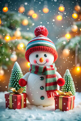 Christmas cute snowman with gifts for happy Christmas