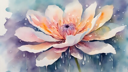 A watercolor painting of a white flower with a droplet of water on it