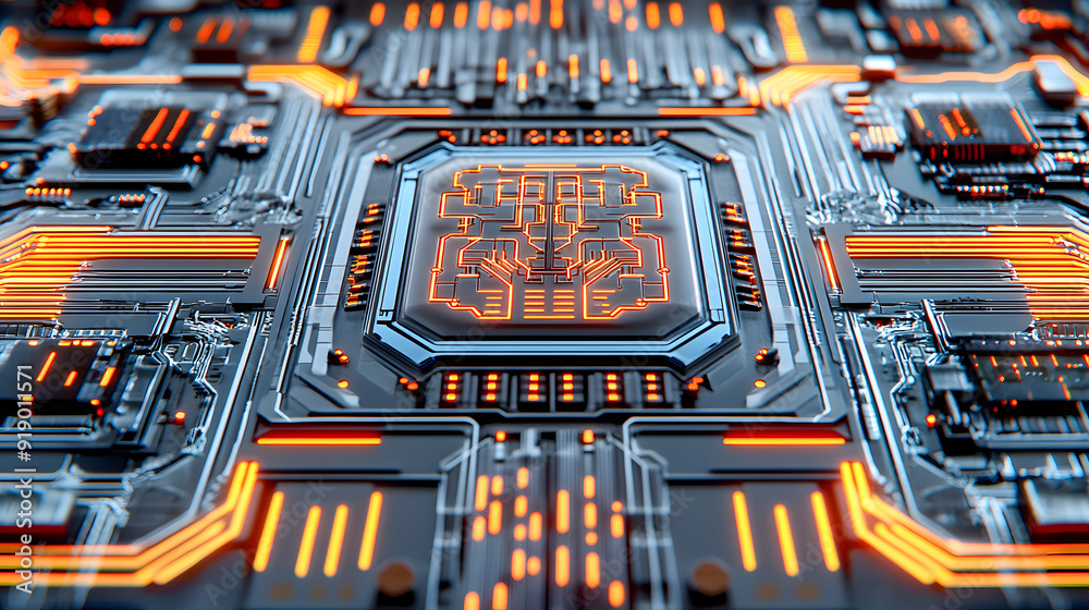Poster detailed view of a futuristic high tech circuit board with advanced microchip integrated circuits an