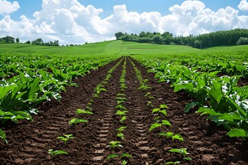 Lush Green Agricultural Field with Rows of Young Plants under a Blue Sky for Farming and Agriculture Themes