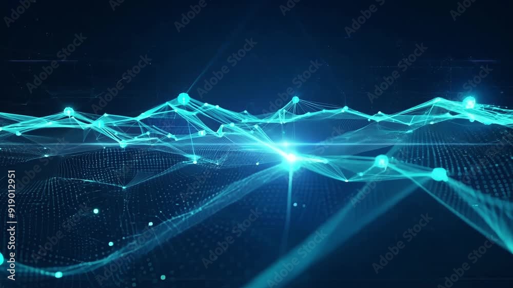 Poster a mesmerizing display of interconnected nodes and lines creates a dynamic digital landscape under a 