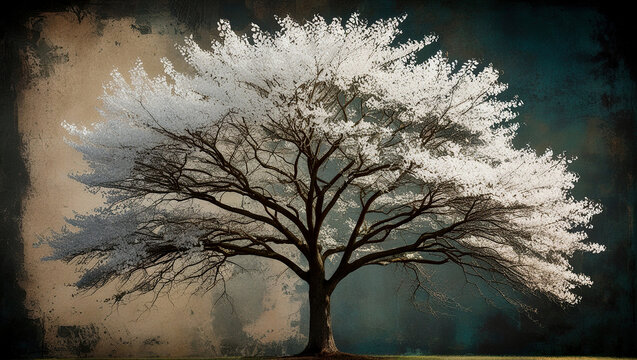 Tree with white leaves on a dark abstract background, White tree on dark background, Abstract white tree with white leaves