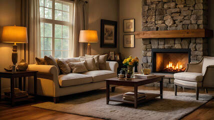 Fototapeta premium living room with fireplace, ai generated