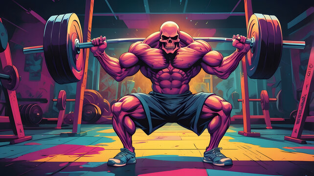 Pop Art Depiction of a Muscular, Intense Grim Reaper Hoisting Heavy Barbells in a Vibrant and Energetic Gym Setting