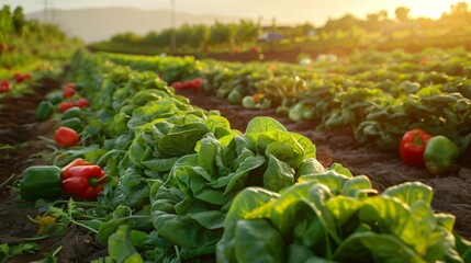 A sprawling vegetables farm with neat rows of vibrant green lettuce, tomatoes, and bell peppers basking in the golden afternoon sun.
