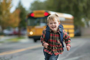 Fototapeta premium Excited boy running towards school bus. Back to school