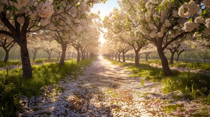 Fototapeta premium A springtime orchard with rows of blossoming trees, petals covering the ground, and a bright sunny day.
