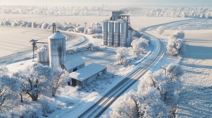 Obraz premium A snowy landscape with a train track and a farm