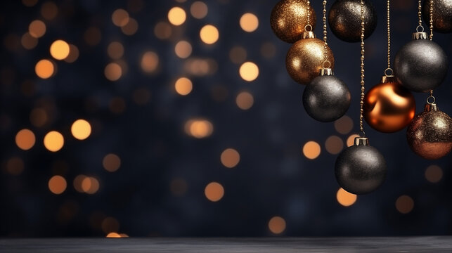 Christmas ornaments in gold, black, and bronze dangle from the top, illuminated by soft bokeh lights in the background, creating a warm holiday ambiance, copy space