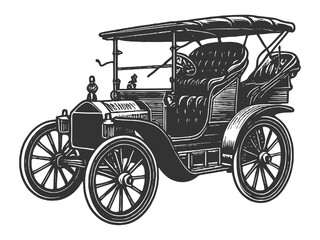 vintage automobile, intricate details and classic design elements of early 20th-century cars sketch engraving generative ai raster illustration. Scratch board imitation. Black and white image