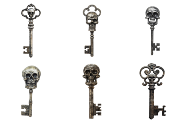 Six Antique Skeleton Keys with Ornate Skull Heads