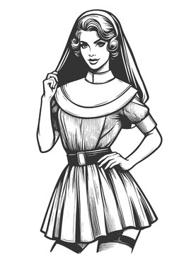 recommend clip art: pin-up styled nun in flirtatious pose, playful retro fashion sketch engraving generative ai fictional character raster illustration. Scratch board imitation. Black and white image.