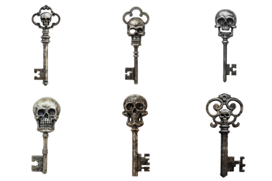 Six Antique Skeleton Keys with Ornate Skull Heads