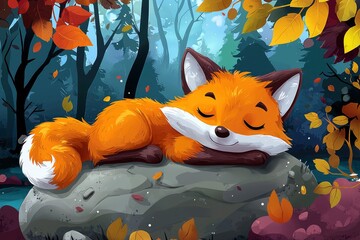 Fototapeta premium Cute Fox Sleeping in the Autumn Forest