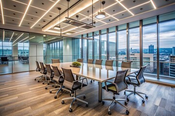 Modern conference room with empty chairs and tables surrounded by glass walls, empty space for text, perfect for business and corporate events concept.
