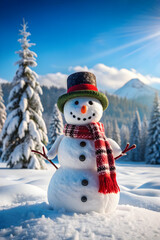 Fototapeta premium happy snowman standing in winter Christmas landscape