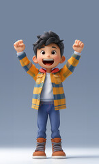 The boy raises his hands in the air with joy