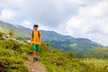Fototapeta premium boy with a backpack walks through a mountain meadow during the summer holidays. trekking and hiking.