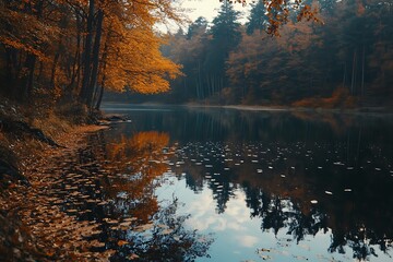 Obraz premium Vibrant autumn hues mirror in calm water, a serene nature landscape