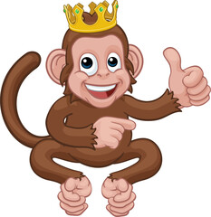A monkey king cute happy cartoon character animal wearing a crown giving a thumbs up and pointing
