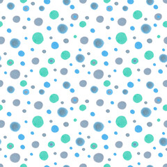Seamless pattern with random circles. Abstract geometric ornament. Watercolor and marker illustration. Dot drawing. Hand drawn isolated art. Background with simple shapes for textile, paper