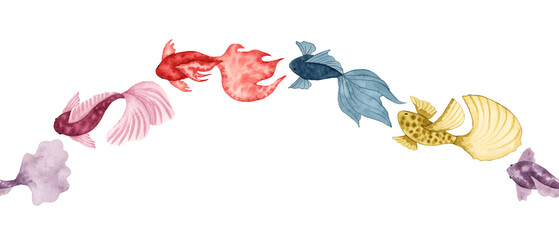 Seamless border of various fish. Watercolor illustration. Simple, stylized style of sea animals. Hand drawn isolated art. Underwater world of sea fauna for banner or ornament. Ocean and sea