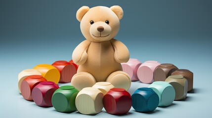 a teddy bear sits among many colored pills and a blue background.