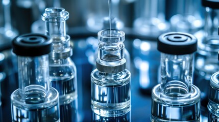 Clear glass vials filled with liquid are arranged on a table in a laboratory, as a scientist prepares to conduct experiments with precise measurements and careful handling