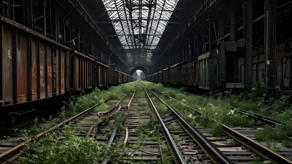 Obraz premium An abandoned rail yard with tracks, railcars, and weeds
