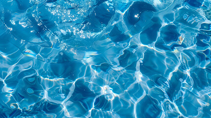 Obraz premium Transparent clean blue water. Water surface, waves, sea or pool. Sun glare. Blue background, texture. 