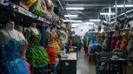 Naklejka premium Various vibrant costumes are organized on racks and mannequins within a bustling costume warehouse illuminated by overhead lights