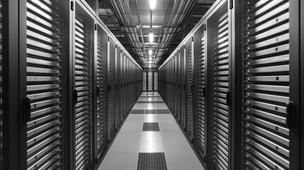 A long corridor lined with server racks showcases a high-tech data center's organized infrastructure, illuminated by bright overhead lighting