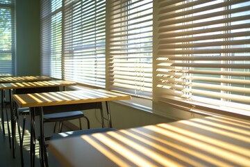 Obraz premium Sunlight streaming through window blinds in empty classroom, casting patterned shadows on desks. Bright and serene atmosphere highlighting calm and peaceful learning environment