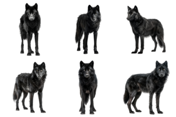 Six Black Wolves Standing and Sitting Poses Against White Background