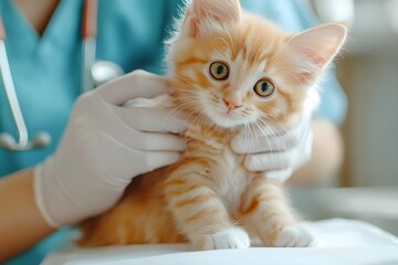 Veterinarian examining ginger kitten, cat checkup and healthcare at vet clinic, pet health and wellness concept