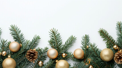 Festive pine branches adorned with golden ornaments and pine cones create a charming holiday decoration, copy space