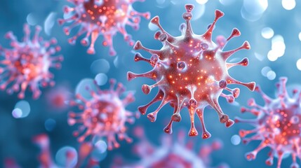 Microscopic virus particles are showcased in vibrant colors, highlighting their structure and complexity in a laboratory environment