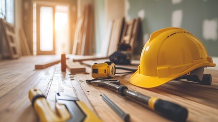 Fototapeta premium Tools and a yellow safety helmet are arranged on a wooden floor amidst renovation, highlighting an active construction site in a bright, unfinished interior